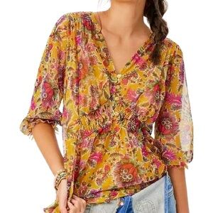 Anthropologie Gretchen Smocked V-Neck Floral Top